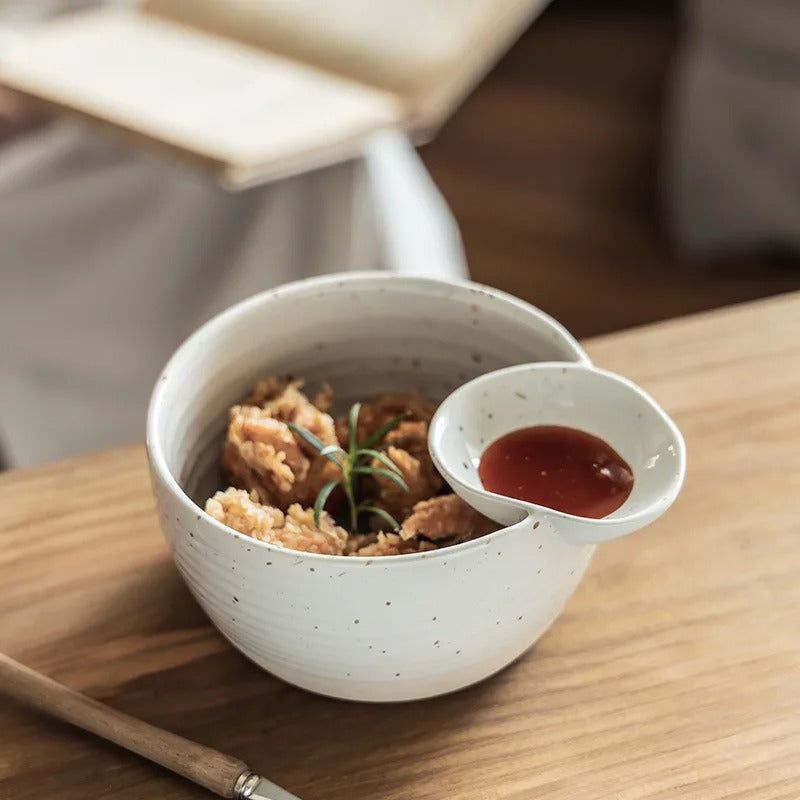 Artisan Speckled Ceramic Bowl with Integrated Sauce Dish