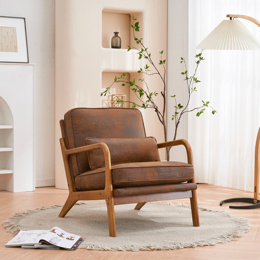 Mid-Century Modern Accent Armchair – Solid Wood Frame with Coffee Fabric Upholstery
