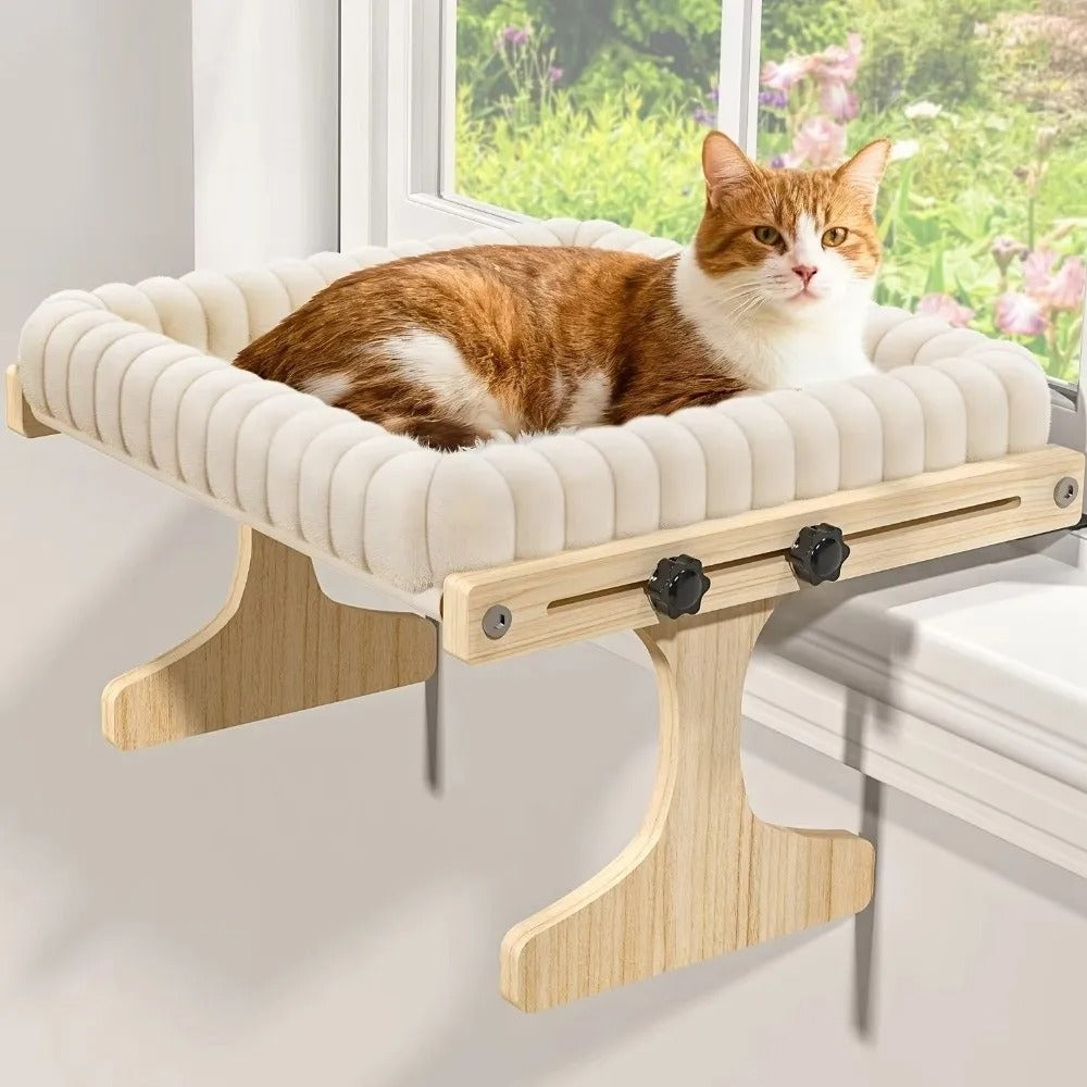 Adjustable Cat Window Perch – Wooden Frame with Detachable Hammock Cushion