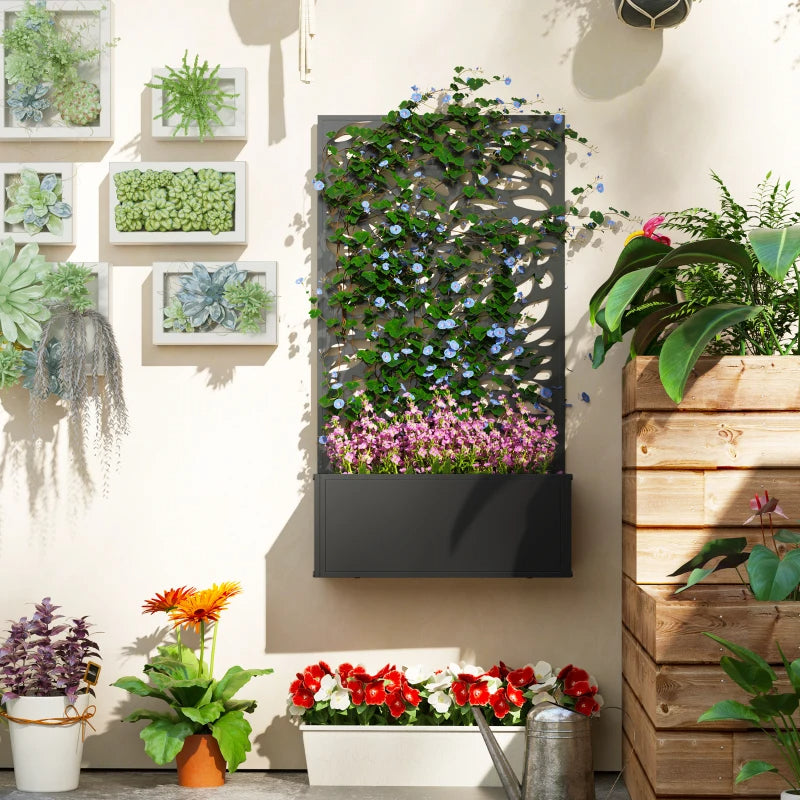 Metal Raised Garden Bed with Decorative Trellis Privacy Panel – Wall-Mounted or Freestanding Planter for Climbing Plants