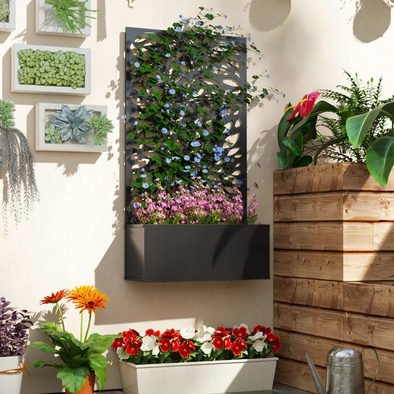 Metal Raised Garden Bed with Decorative Trellis Privacy Panel – Wall-Mounted or Freestanding Planter for Climbing Plants