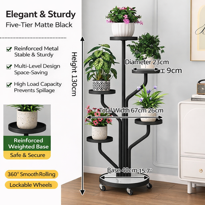 Elegant & Versatile 5-Tier Metal Plant Stand with Lockable Wheels