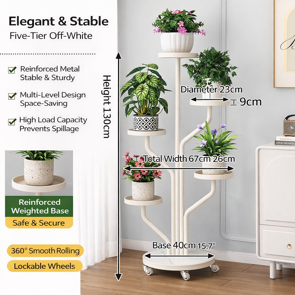 Elegant & Versatile 5-Tier Metal Plant Stand with Lockable Wheels