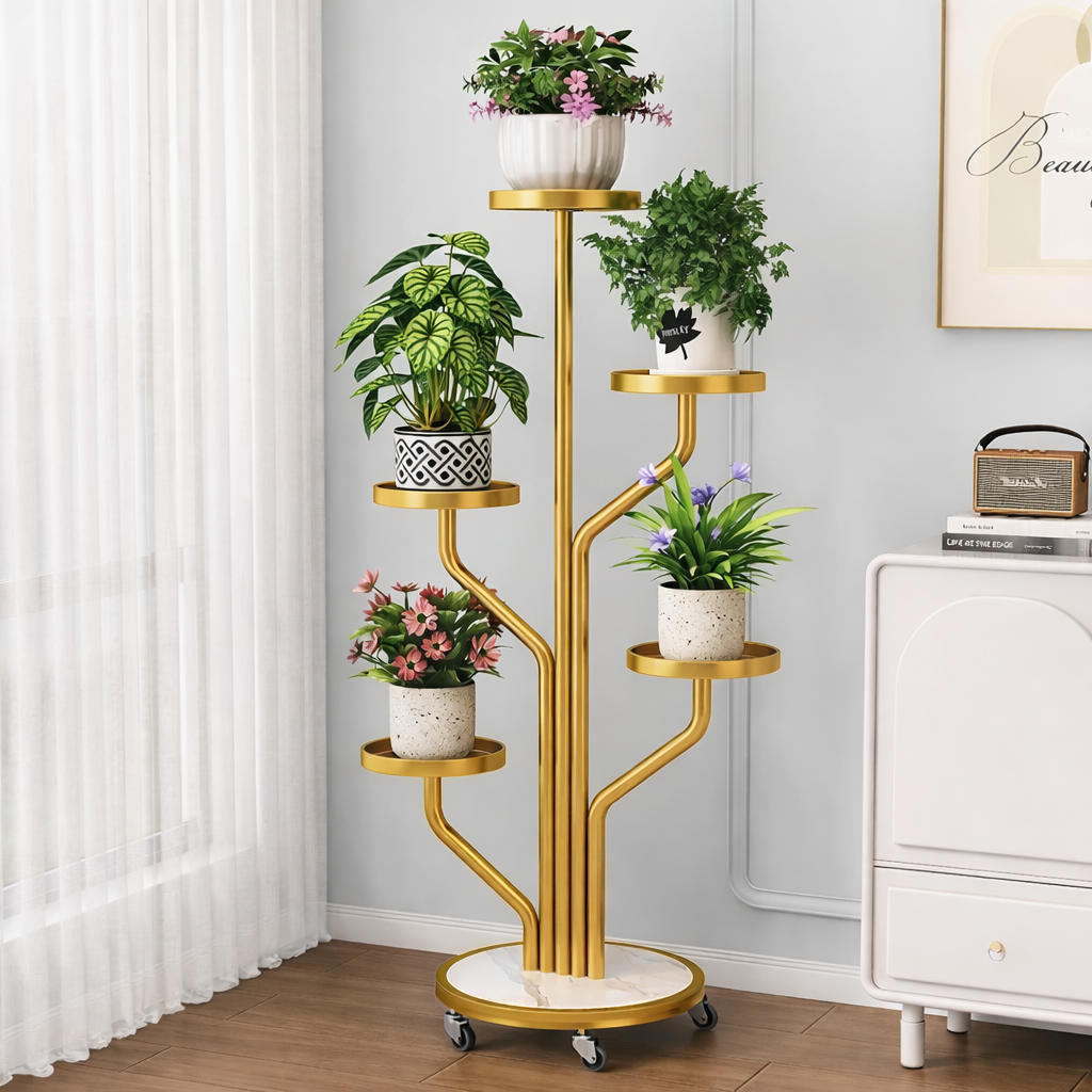 Elegant & Versatile 5-Tier Metal Plant Stand with Lockable Wheels
