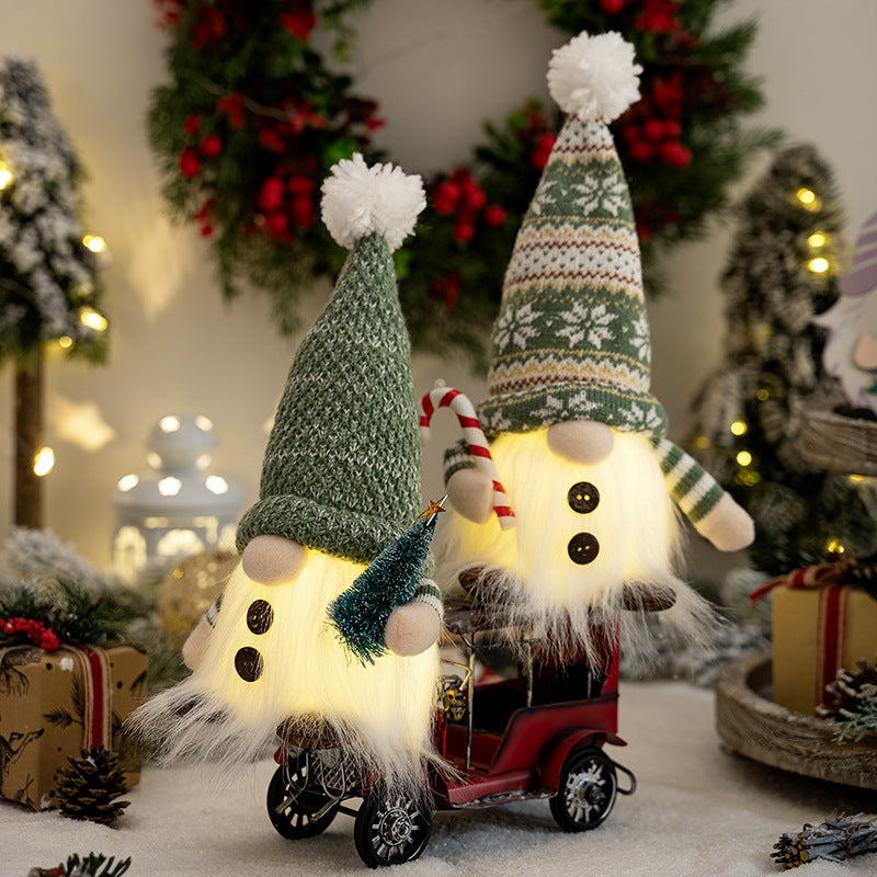 Christmas New Ornaments Plush Hat with Light Holding Crutches with Pine Needle Tree Rudolph Doll Window Ornament