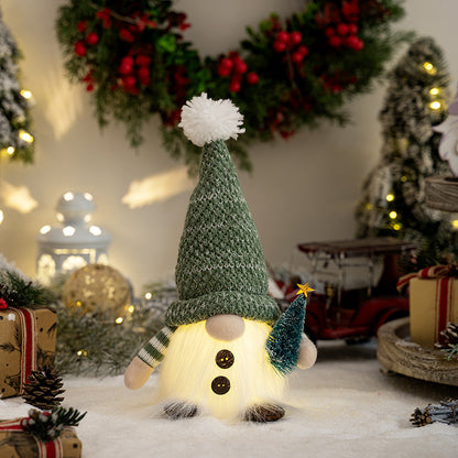 Christmas New Ornaments Plush Hat with Light Holding Crutches with Pine Needle Tree Rudolph Doll Window Ornament