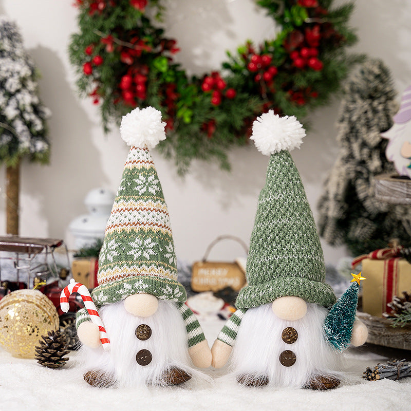 Christmas New Ornaments Plush Hat with Light Holding Crutches with Pine Needle Tree Rudolph Doll Window Ornament
