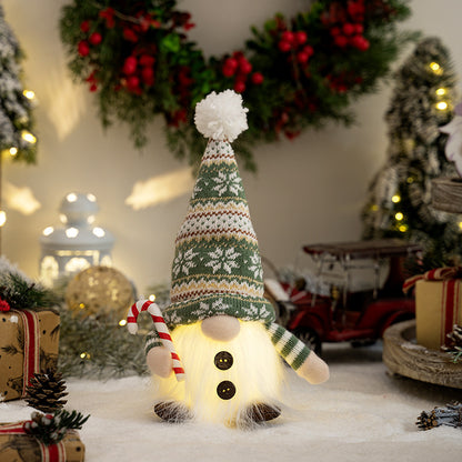 Christmas New Ornaments Plush Hat with Light Holding Crutches with Pine Needle Tree Rudolph Doll Window Ornament