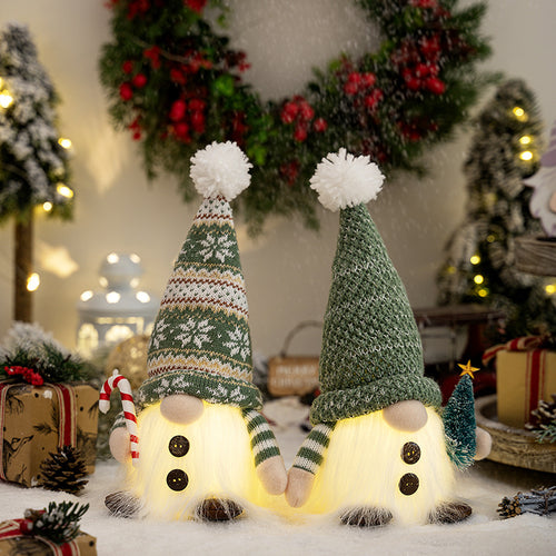 Christmas New Ornaments Plush Hat with Light Holding Crutches with Pine Needle Tree Rudolph Doll Window Ornament