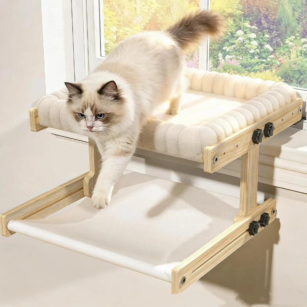 Adjustable Cat Window Perch – Wooden Frame with Detachable Hammock Cushion