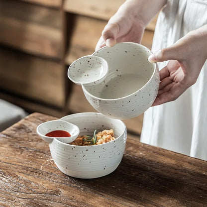 Artisan Speckled Ceramic Bowl with Integrated Sauce Dish