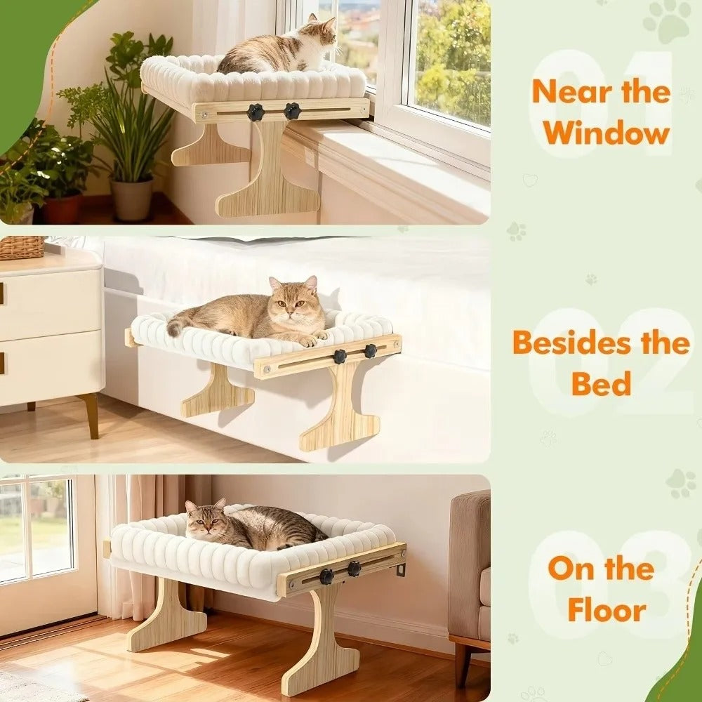 Adjustable Cat Window Perch – Wooden Frame with Detachable Hammock Cushion