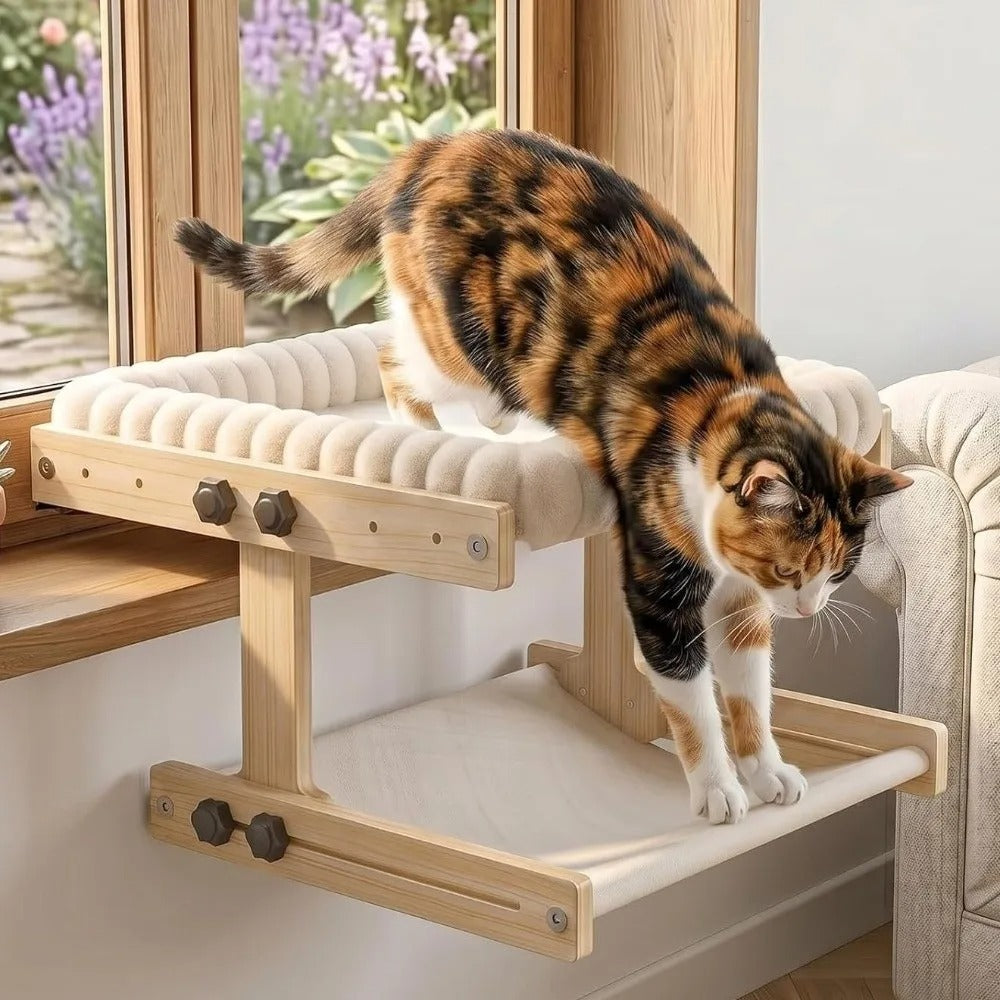Adjustable Cat Window Perch – Wooden Frame with Detachable Hammock Cushion